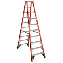 Red step ladder open and on the ground