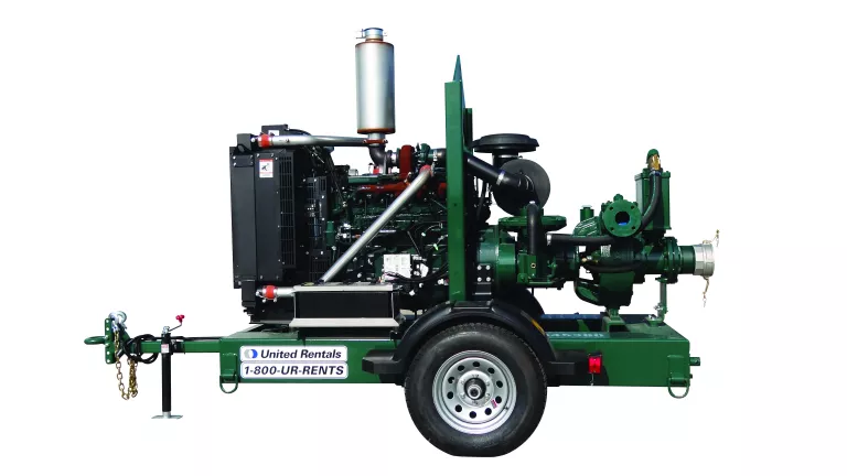 green high volume pump, towable, side view