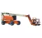 Side view of an orange and white boom lift with extended arm and basket lowered near the ground.