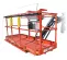 Front angled view of an orange aerial work platform with guardrails, yellow safety features, and control panel.
