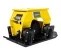 Yellow and black Epiroc Vibratory Plate Compactor Attachment for Backhoe