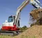White, red and gray TAKEUCHI 10,000-12,000 lb. Mini Excavator