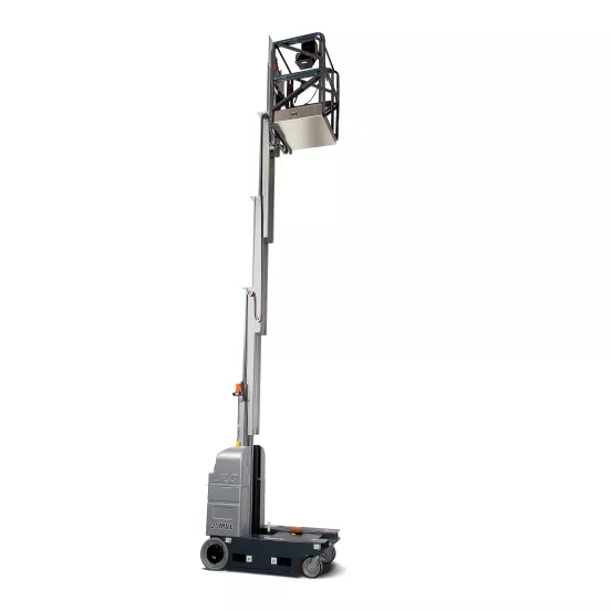 Side view of an extended gray vertical mast lift with a platform.