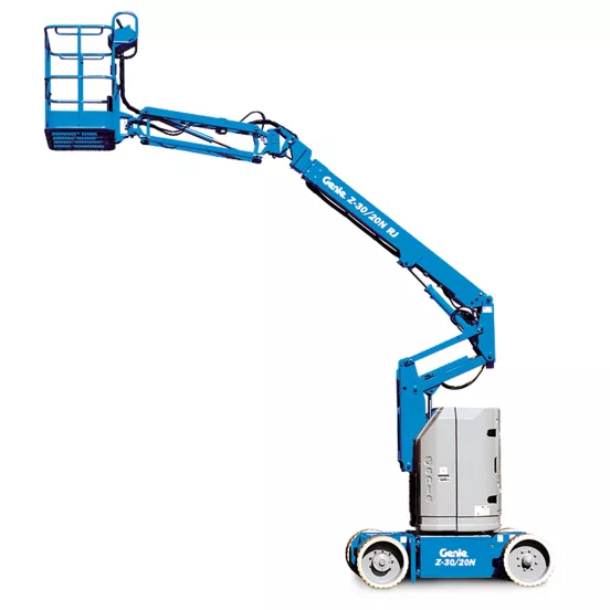 Side view of a blue Genie articulating boom lift with basket elevated.