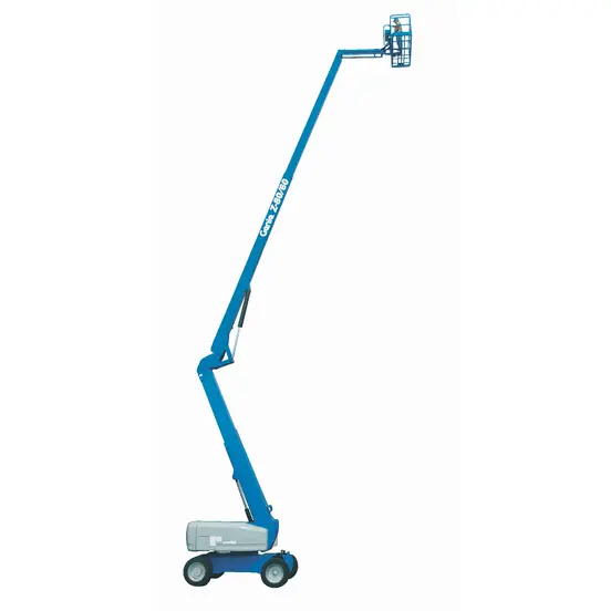 Wide side view of a  fully extended blue boom lift with basket.