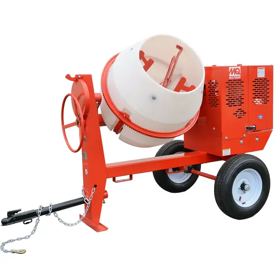Red and white MULIQUIP Concrete Mixer, 9 cubic ft., Towable, Gas or Electric Powered