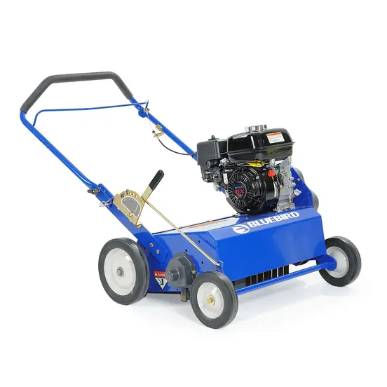 Blue and black BLUEBIRD Lawn Turf Rake Thatcher, 18 and 20 in.