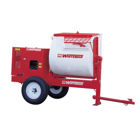 Red and white MULTIQUIP Mortar Mixer, 12 cubic ft., Gas Powered, Hydraulic