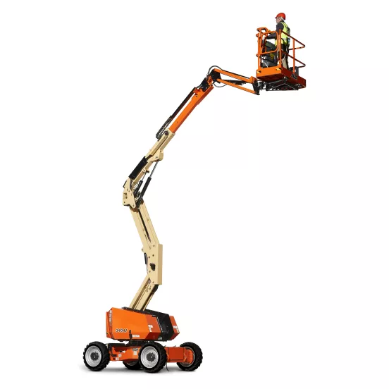 Side view of an orange boom lift with an extended arm and an operator in the basket.