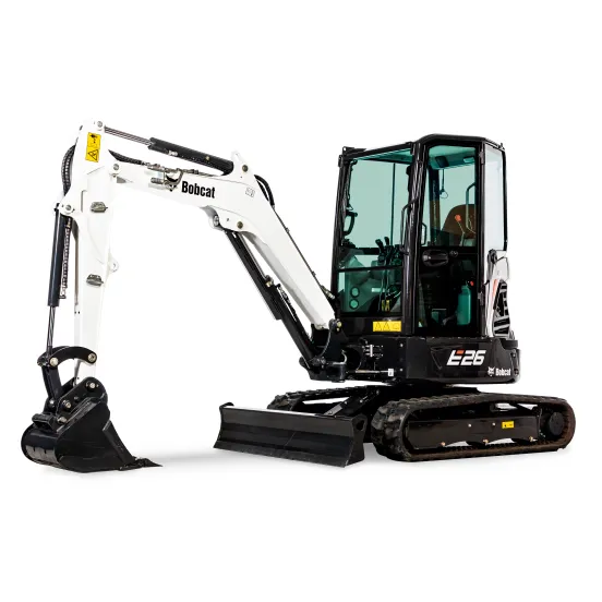 Black and white BOBCAT Mini Excavator with Reduced Tail Swing