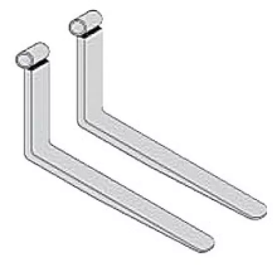 Front view of a grey forklift fork attachment with two metal forks extended.